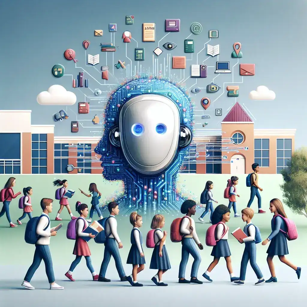 "Estudantes utilizando tecnologia de inteligência artificial em sala de aula para combater a evasão escolar, promovendo um aprendizado mais engajado e personalizado."