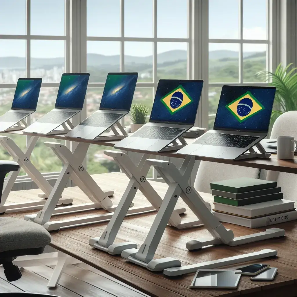 "Suporte ergonômico para notebook ajustável em ambiente de trabalho brasileiro, promovendo conforto e saúde durante longas horas de uso."