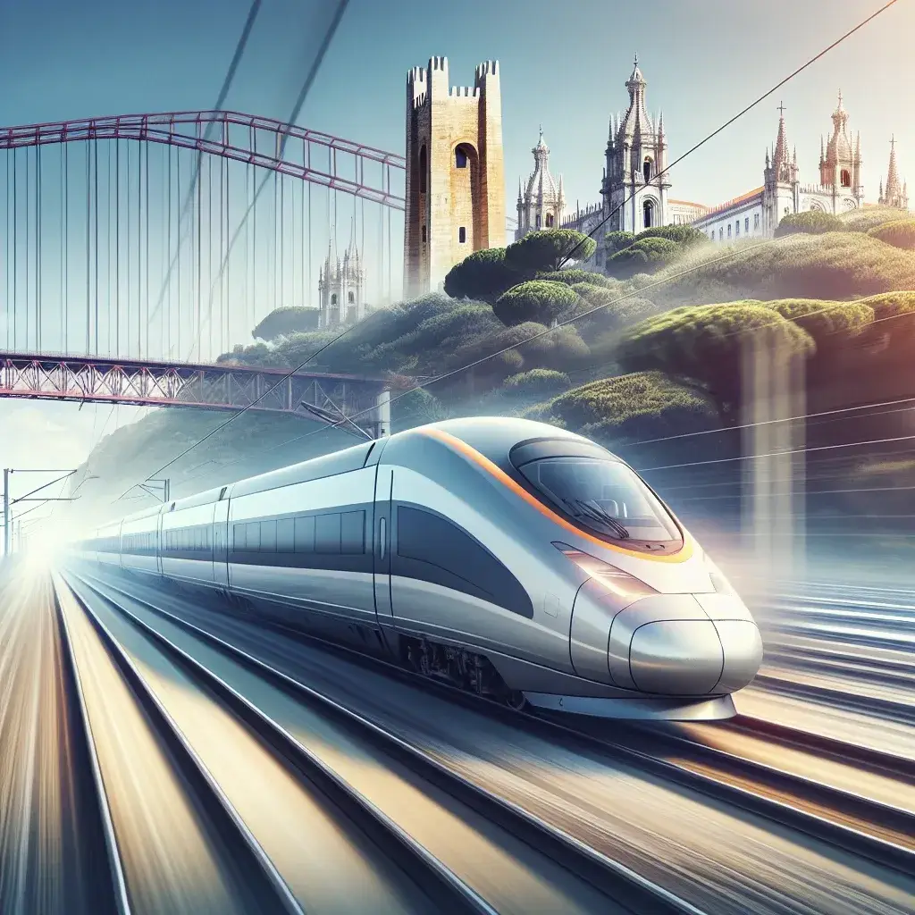 "Imagem do trem de alta velocidade RAVE em Portugal, mostrando sua conexão entre Lisboa e Porto, que reduz o tempo de viagem a apenas 1h15. O trem é visível em movimento, destacando a modernidade e eficiência do transporte ferroviário português."