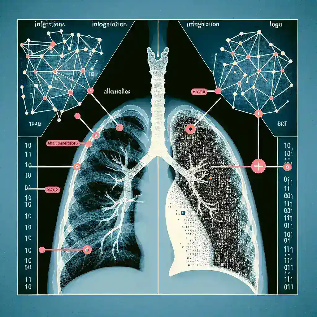 "Raio-X mostrando pulmões humanos com marcações que indicam infecções, ilustrando o uso de novo algoritmo para detecção rápida de infecções pulmonares em exames médicos."